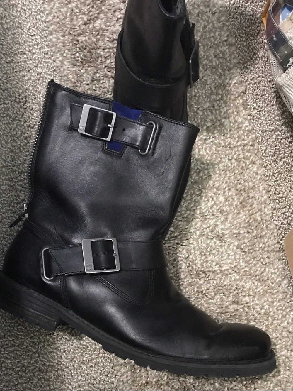 Kenneth Cole Black Leather Buckle Moto Boots with Blue Lining
